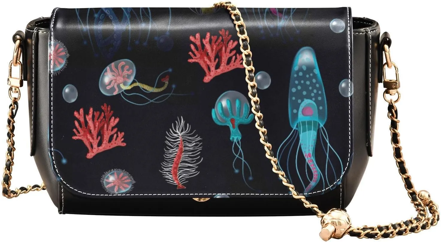 Kigai Ocean Jellyfish Corals Seaweed Crossbody Bags for Women Retro Cross Body Purse Small PU Leather Shoulder Handbags with Chain Strap