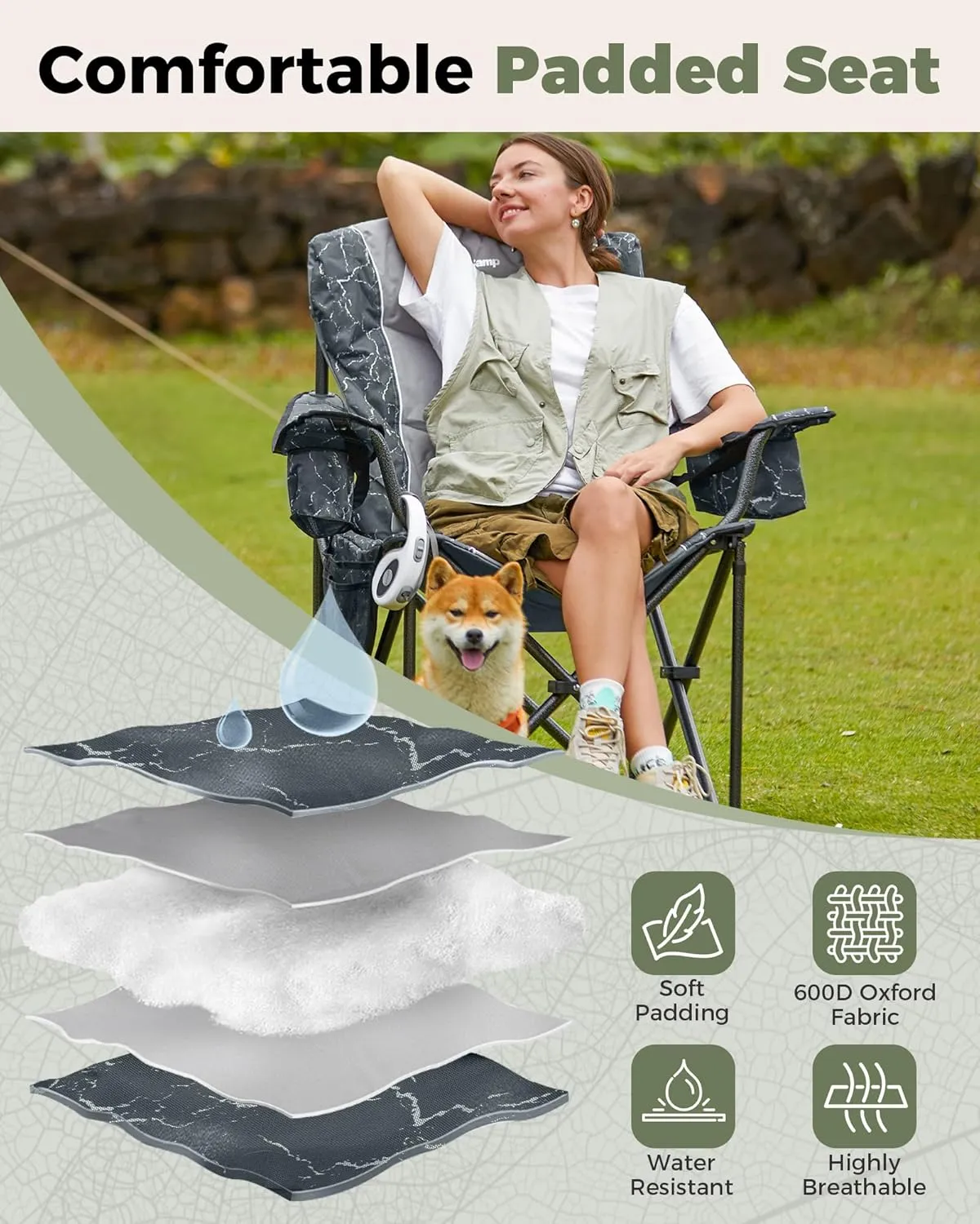 KingCamp Oversized Camping Folding Chair, Heavy Duty 450 LBS with Lumbar Support, Padded seat with Cup Holder&Cooler Bag, Ideal for Camp, Fishing, Sports event, Backyard, Patio, Lawn