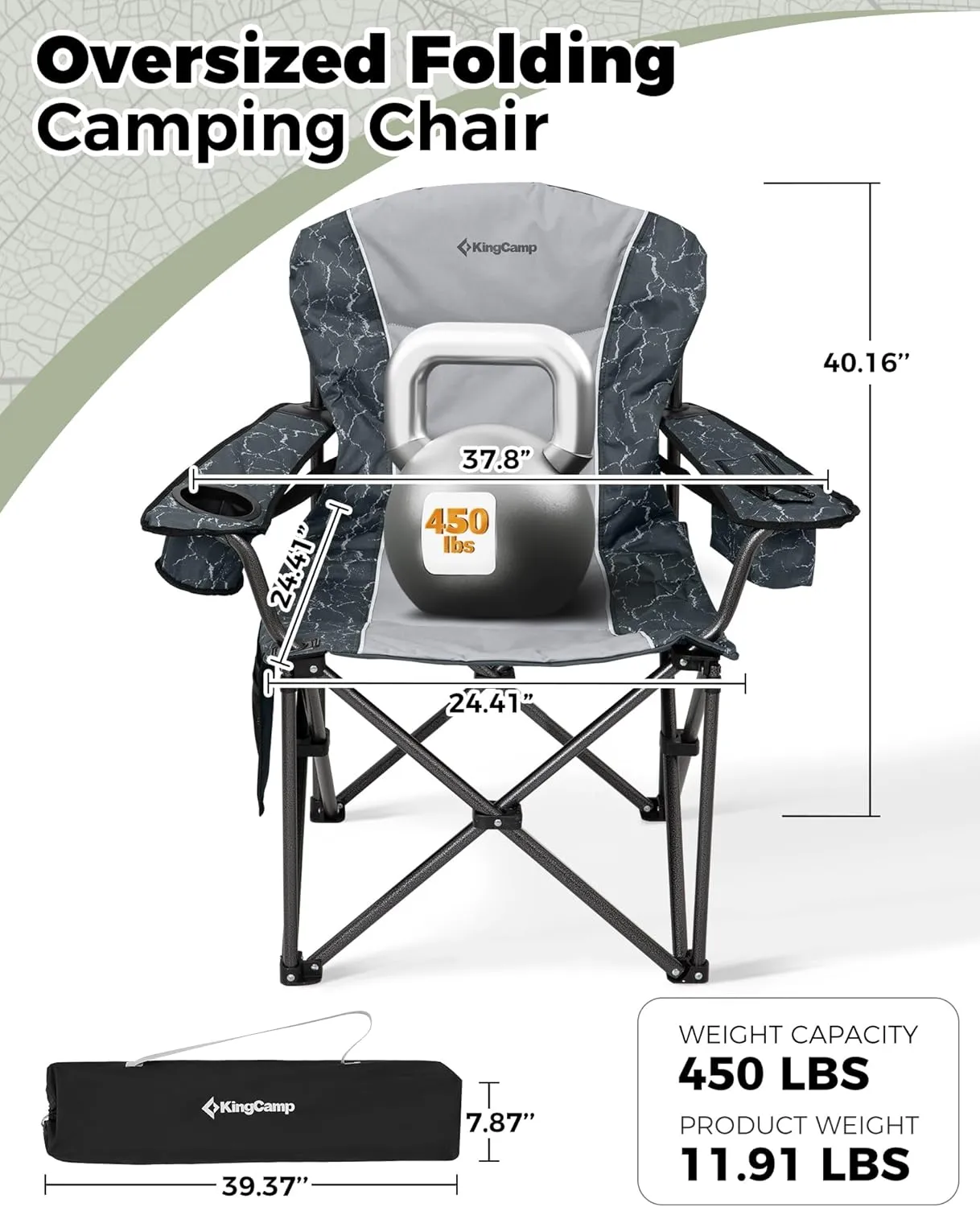 KingCamp Oversized Camping Folding Chair, Heavy Duty 450 LBS with Lumbar Support, Padded seat with Cup Holder&Cooler Bag, Ideal for Camp, Fishing, Sports event, Backyard, Patio, Lawn