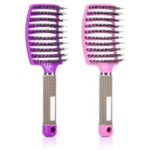 KINGMING Wet Hair Brush Detangling Brush for Wet & Dry, 2 Pack (Pink Purple), Curved Vented Brushes for Women Kids, Detangler for All Hair Types