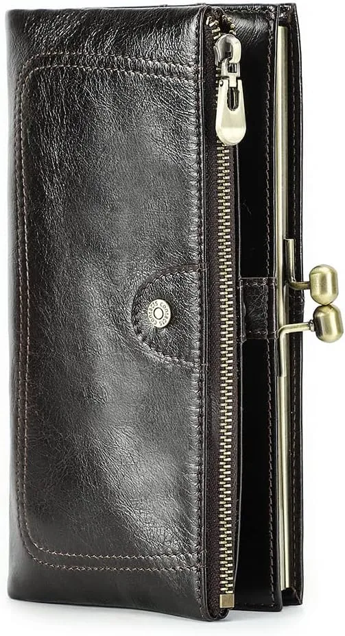 Kiss Lock Wallet for Women Leather Clutch Wallet Vintage Coin Purse RFID Wallet Bifold Brown Card Phone Holder