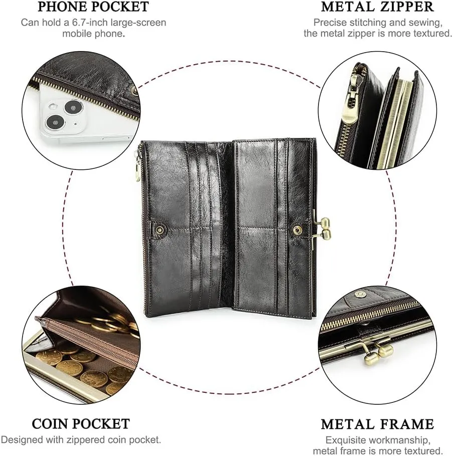 Kiss Lock Wallet for Women Leather Clutch Wallet Vintage Coin Purse RFID Wallet Bifold Brown Card Phone Holder