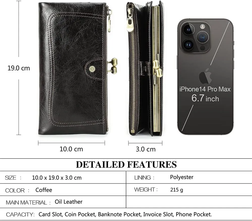 Kiss Lock Wallet for Women Leather Clutch Wallet Vintage Coin Purse RFID Wallet Bifold Brown Card Phone Holder