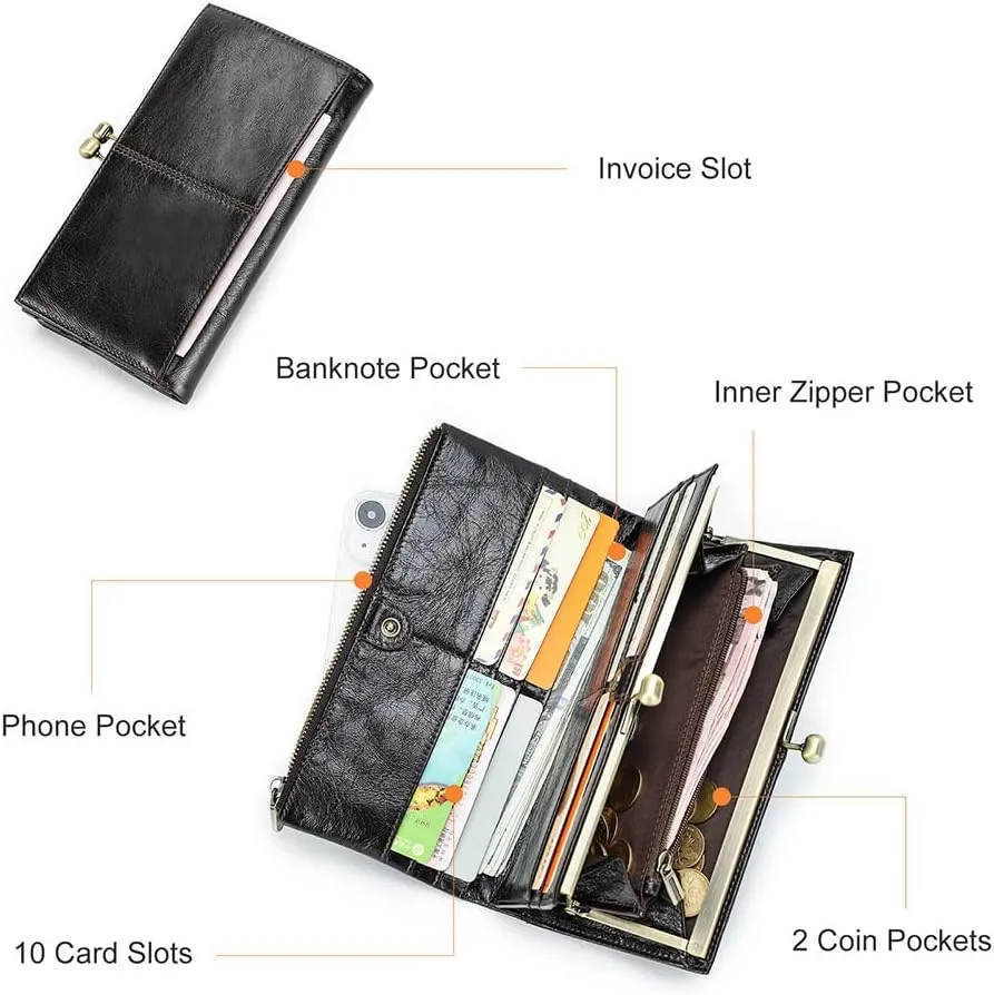 Kiss Lock Wallet for Women Leather Clutch Wallet Vintage Coin Purse RFID Wallet Bifold Brown Card Phone Holder