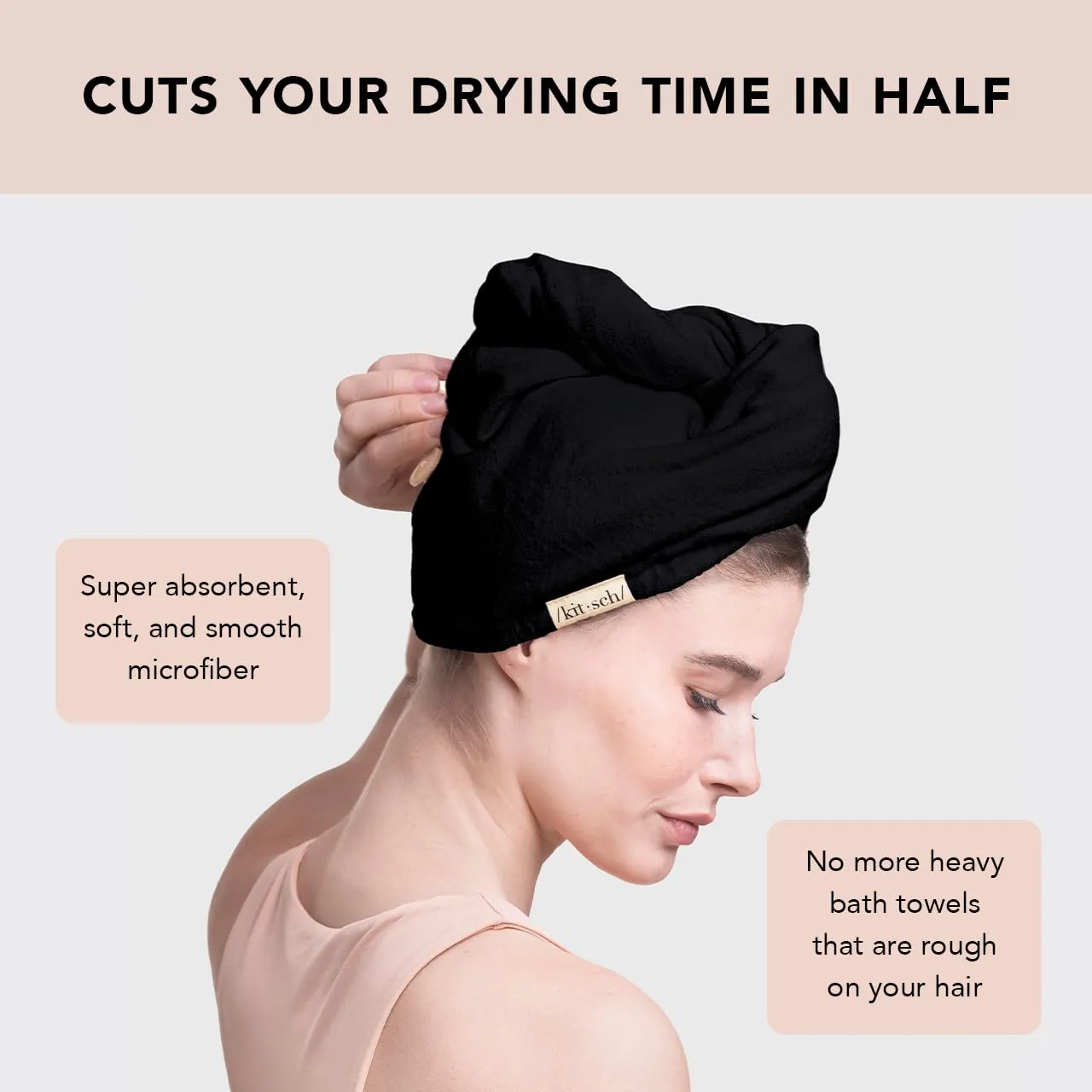 Kitsch Microfiber Hair Towel Wrap for Women - Super Absorbent Hair Drying Towel - Quick Dry, Anti-Frizz - for Long & Short, Wet & Curly Hair - Black