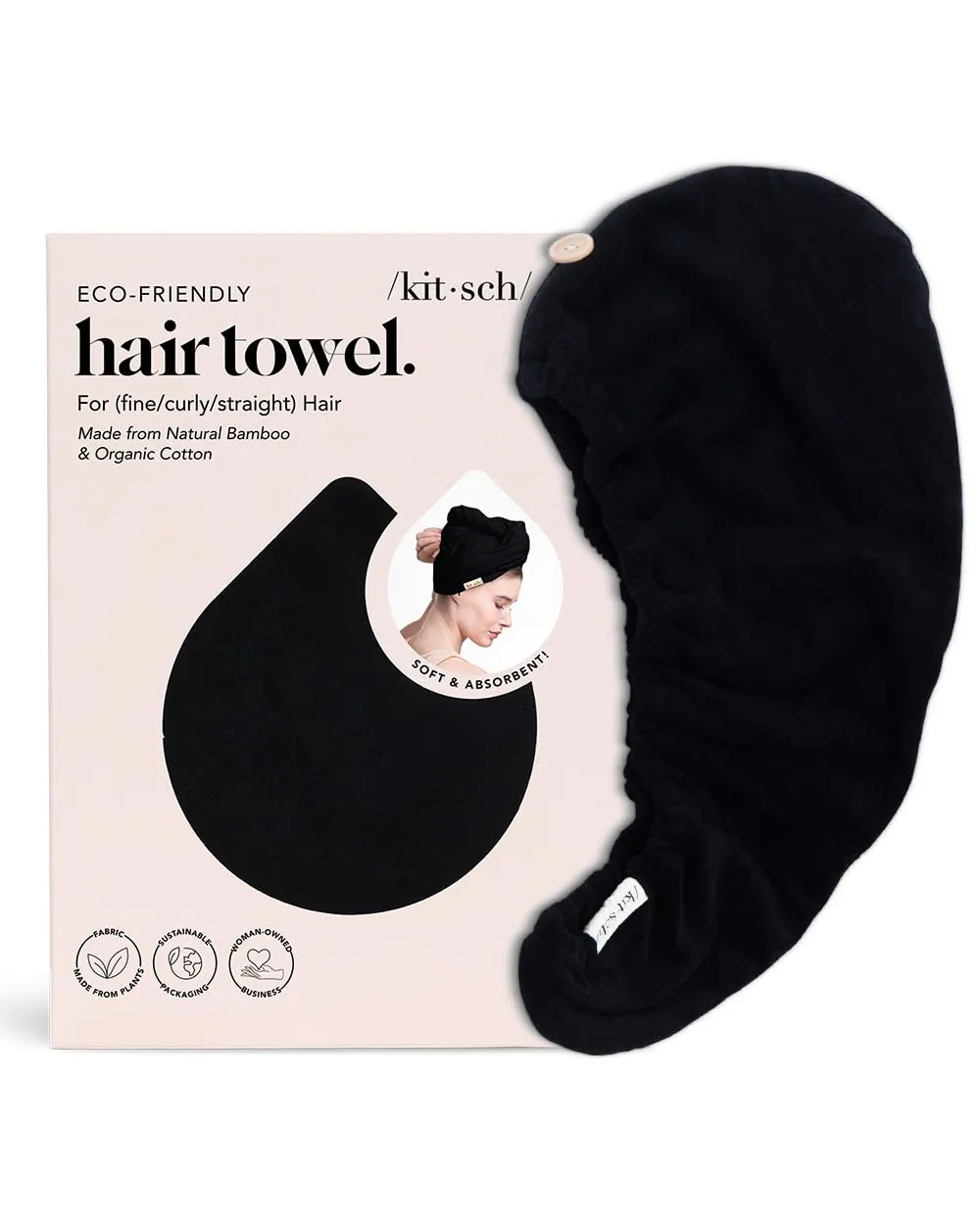Kitsch Microfiber Hair Towel Wrap for Women - Super Absorbent Hair Drying Towel - Quick Dry, Anti-Frizz - for Long & Short, Wet & Curly Hair - Black