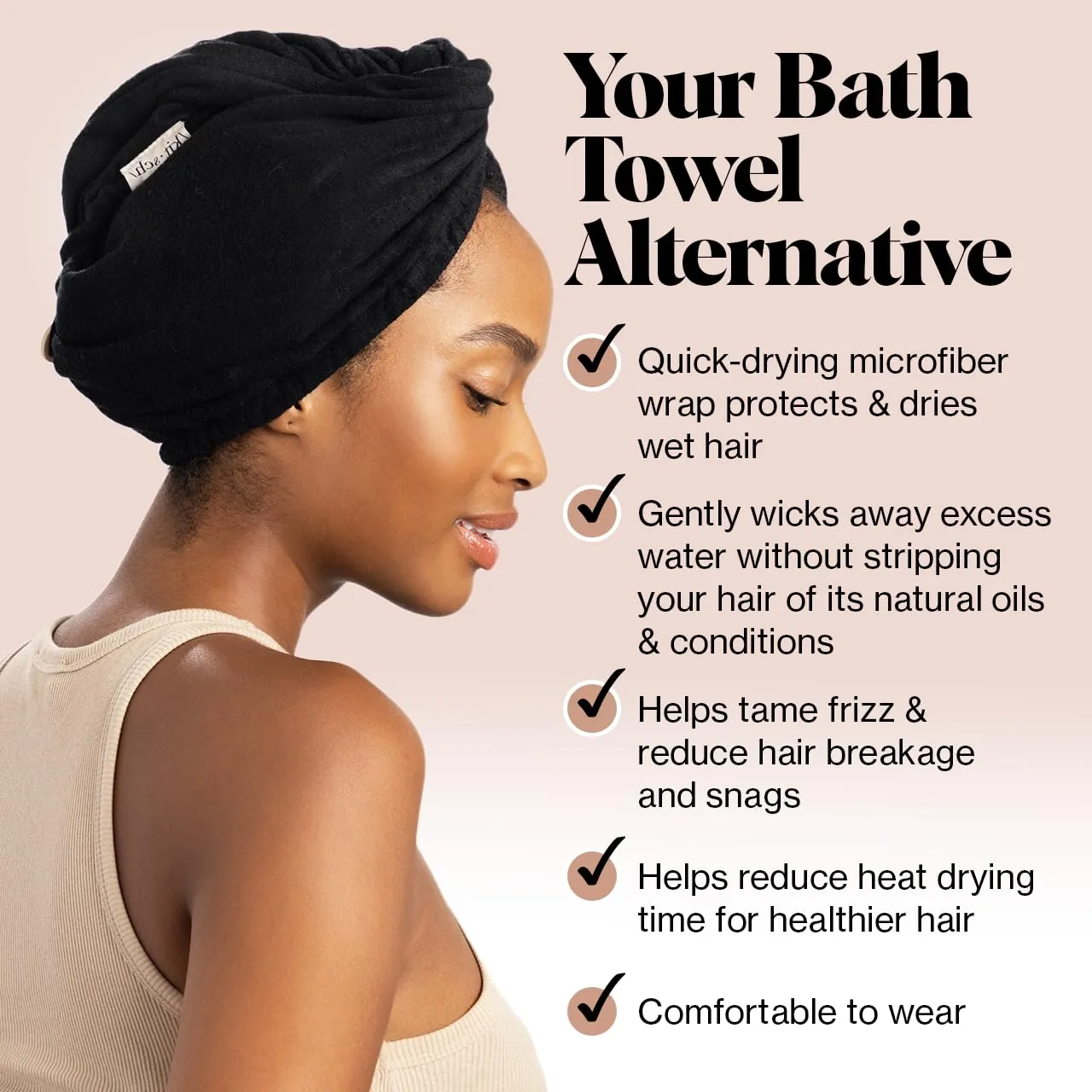 Kitsch Microfiber Hair Towel Wrap for Women - Super Absorbent Hair Drying Towel - Quick Dry, Anti-Frizz - for Long & Short, Wet & Curly Hair - Black