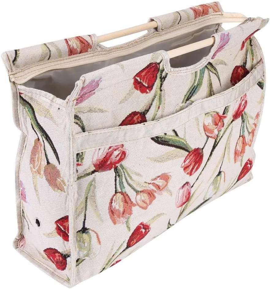 Knitting Tote Bag,Exquisite Practical Wood Handle Woven Fabric Storage Bag for Knitting Needles Sewing Tools(Red Flower)