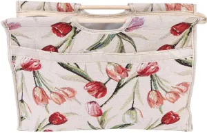 Knitting Tote Bag,Exquisite Practical Wood Handle Woven Fabric Storage Bag for Knitting Needles Sewing Tools(Red Flower)