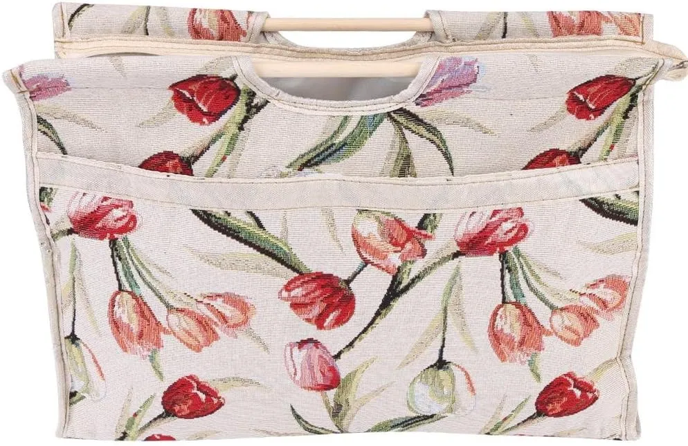 Knitting Tote Bag,Exquisite Practical Wood Handle Woven Fabric Storage Bag for Knitting Needles Sewing Tools(Red Flower)