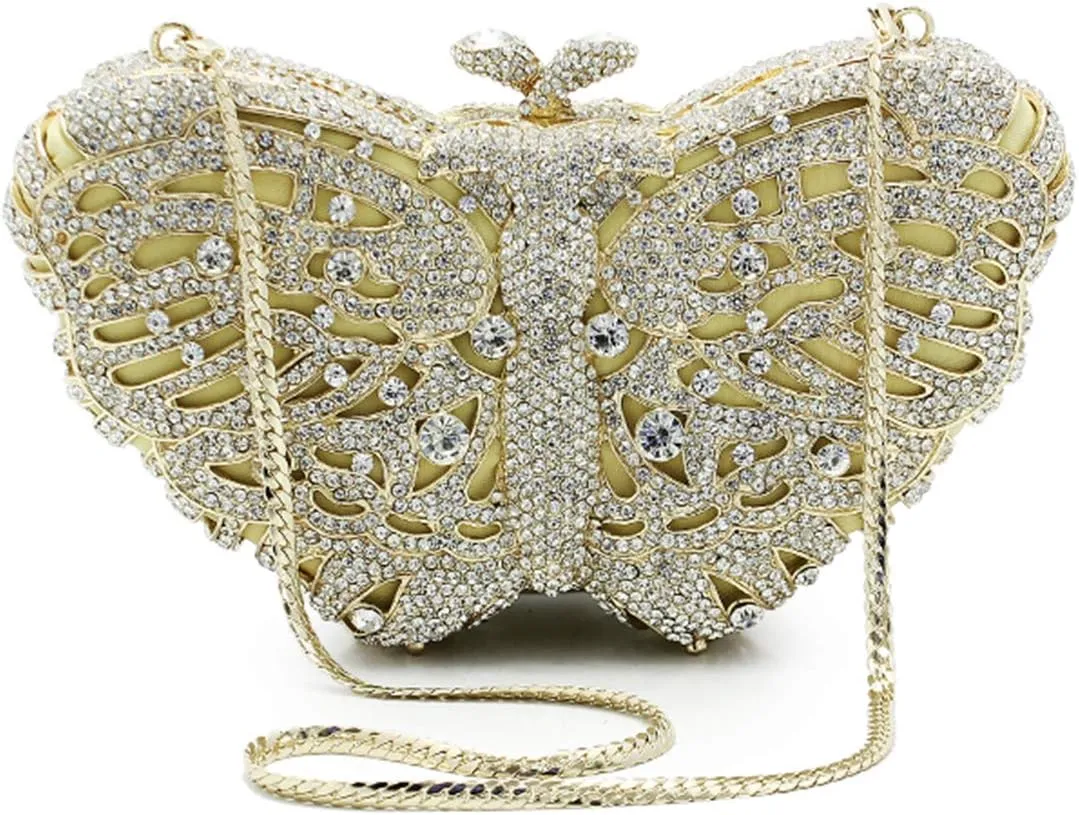 Ladies Elegant Evening-Bag Chain Crystal Wedding Clutch-Purse Party Handbag Butterfly