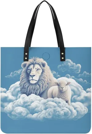 Lamb with A Lion On The Clouds Large Leather Handbags Women Fashion Handbag Multifunctional Travel Bag It Is A Great Gift for Mothers, Teachers, Friends, Bridesmaids