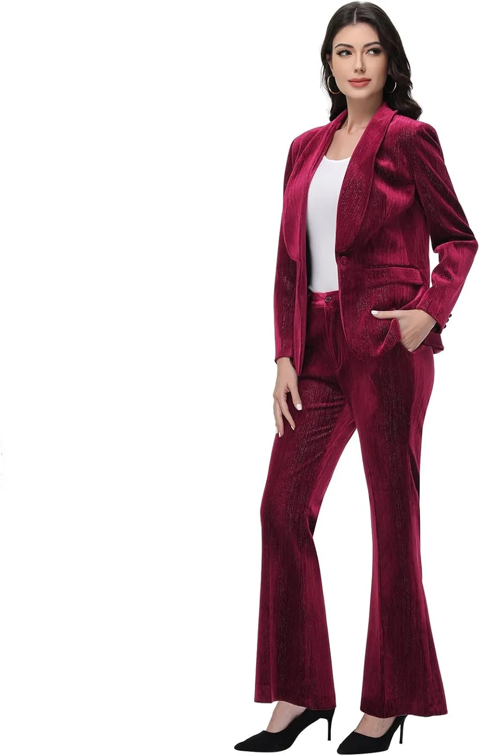 Lamgool Women Pantsuit Dressy Silver Thread Velvet 2 Piece Suit Set Blazer and Flared Pants