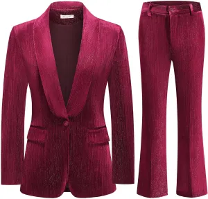 Lamgool Women Pantsuit Dressy Silver Thread Velvet 2 Piece Suit Set Blazer and Flared Pants