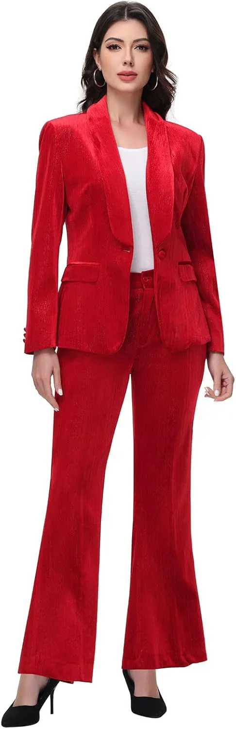 Lamgool Women Pantsuit Dressy Silver Thread Velvet 2 Piece Suit Set Blazer and Flared Pants