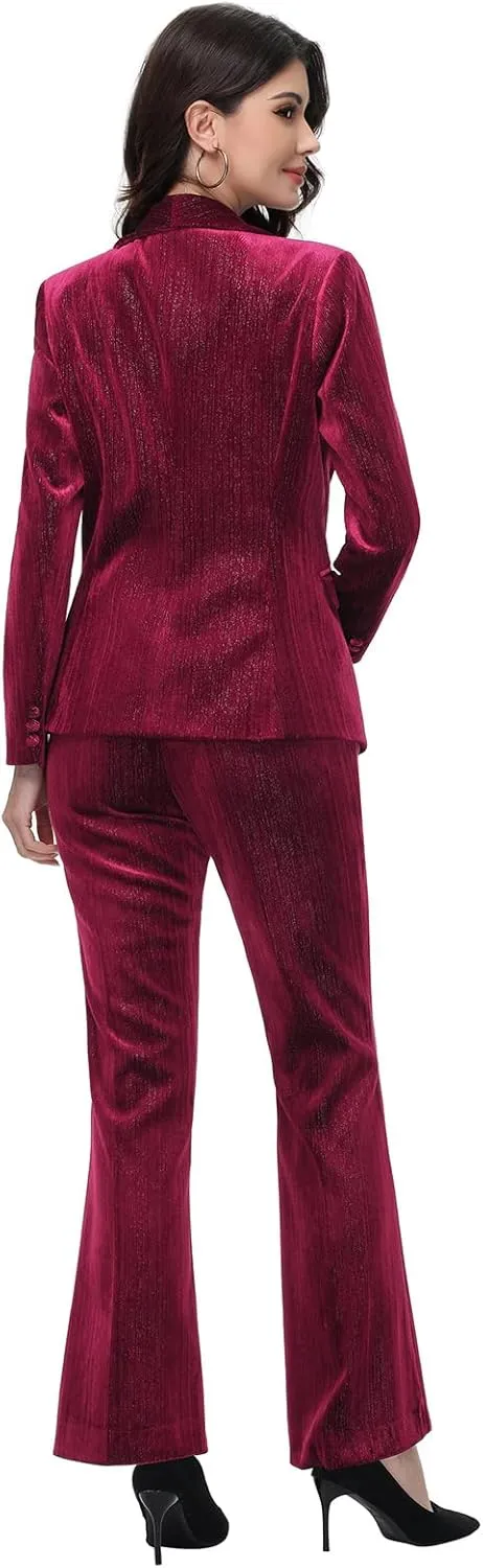 Lamgool Women Pantsuit Dressy Silver Thread Velvet 2 Piece Suit Set Blazer and Flared Pants