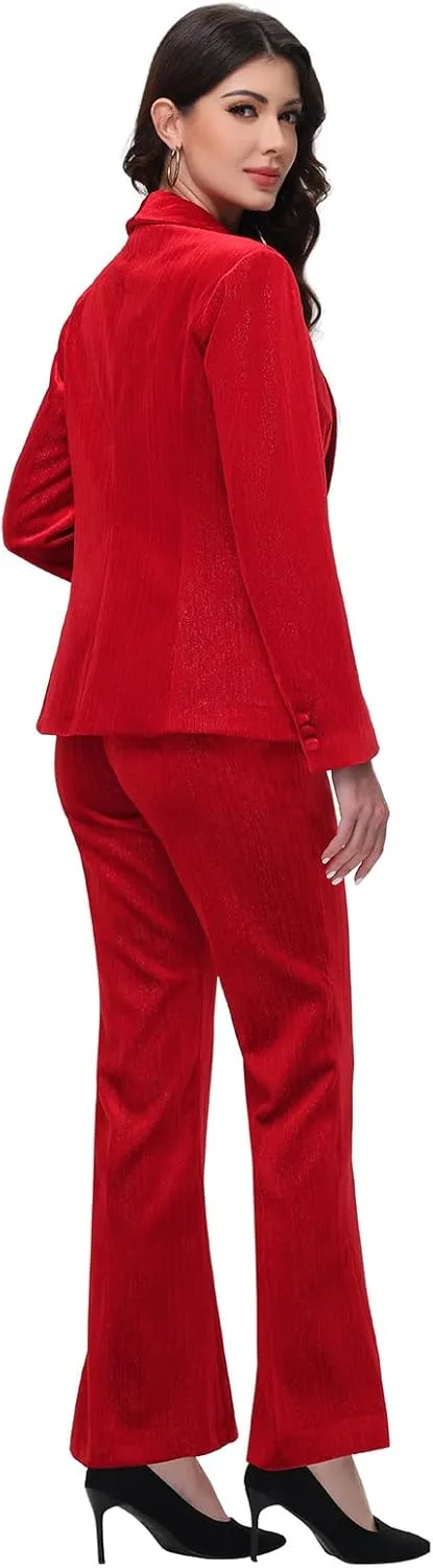 Lamgool Women Pantsuit Dressy Silver Thread Velvet 2 Piece Suit Set Blazer and Flared Pants