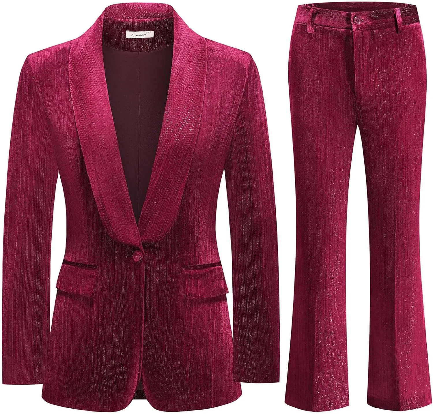 Lamgool Women Pantsuit Dressy Silver Thread Velvet 2 Piece Suit Set Blazer and Flared Pants