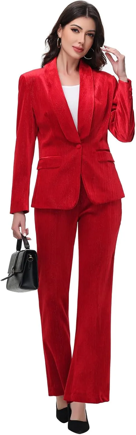 Lamgool Women Pantsuit Dressy Silver Thread Velvet 2 Piece Suit Set Blazer and Flared Pants