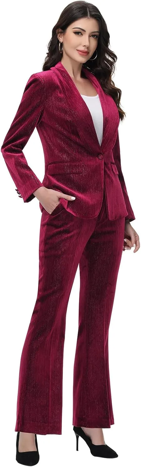 Lamgool Women Pantsuit Dressy Silver Thread Velvet 2 Piece Suit Set Blazer and Flared Pants