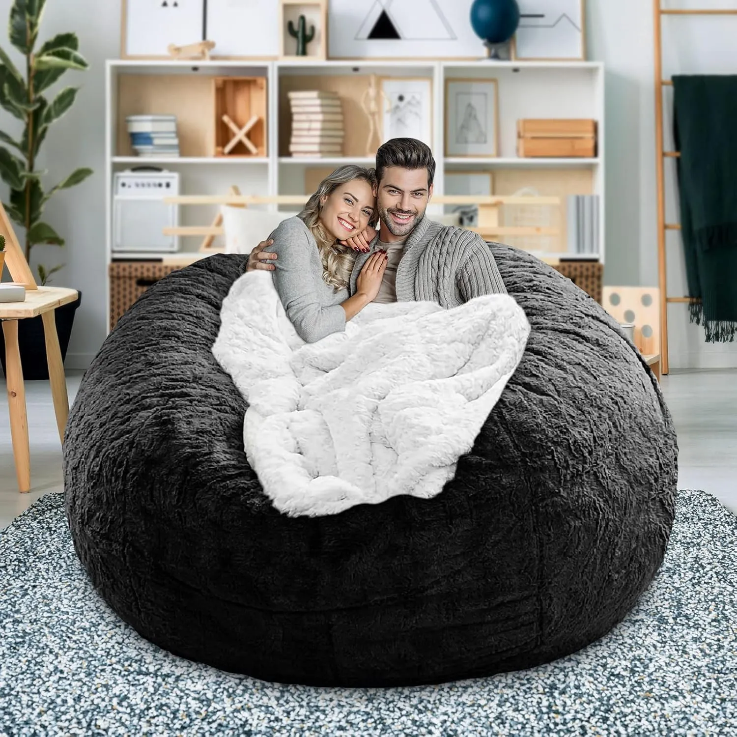 LapEasy Giant Bean Bag Chair Cover, Oversized Round Soft Fluffy PV Velvet Washable Lazy Sofa Bed Cover for Adults, Dark Grey