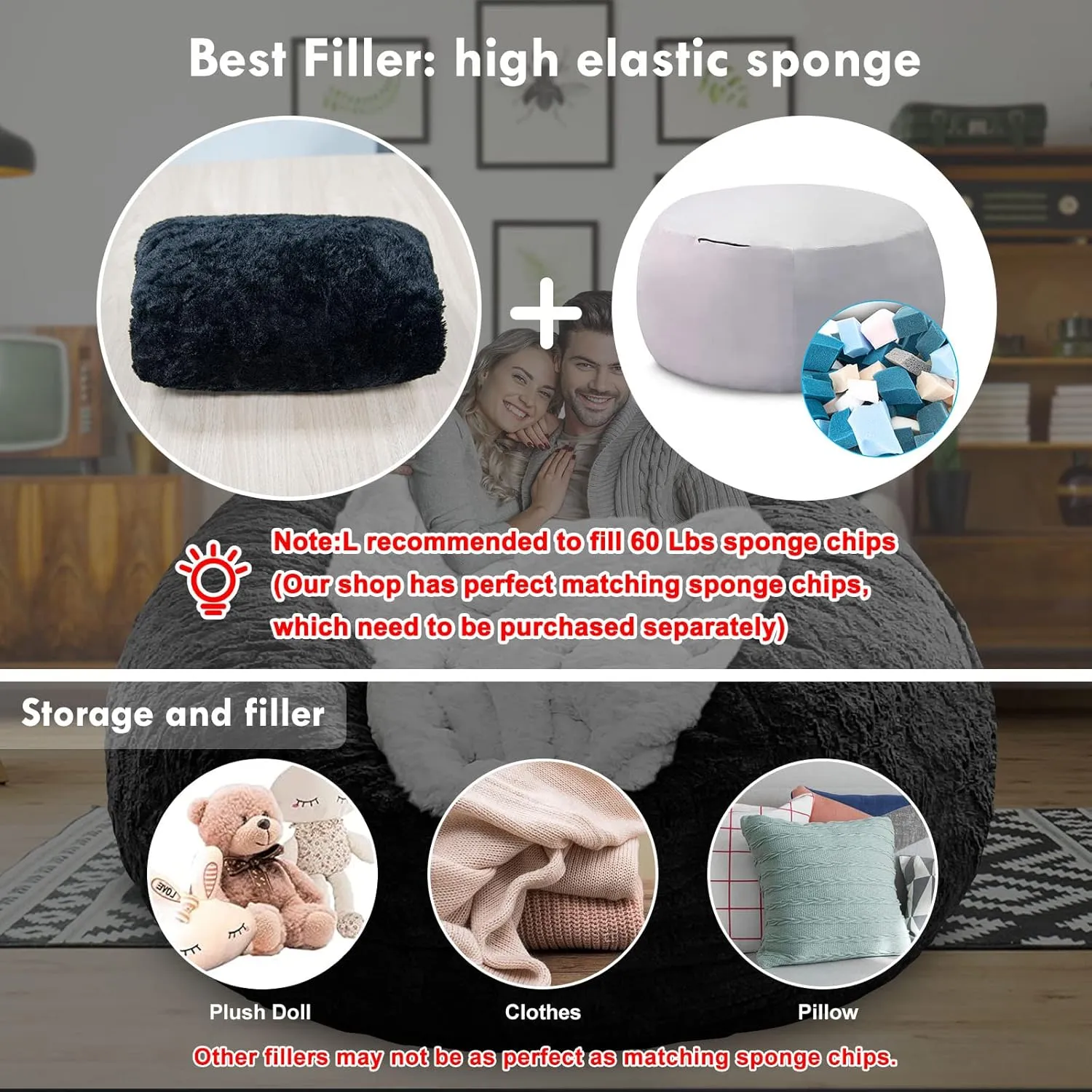LapEasy Giant Bean Bag Chair Cover(Cover Only,No Filler),Oversized Round Soft Fluffy PV Velvet Washable Lazy Sofa bean bag Bed Cover for Adults, Living Room Bedroom Furniture Outside Cover(Light Grey)