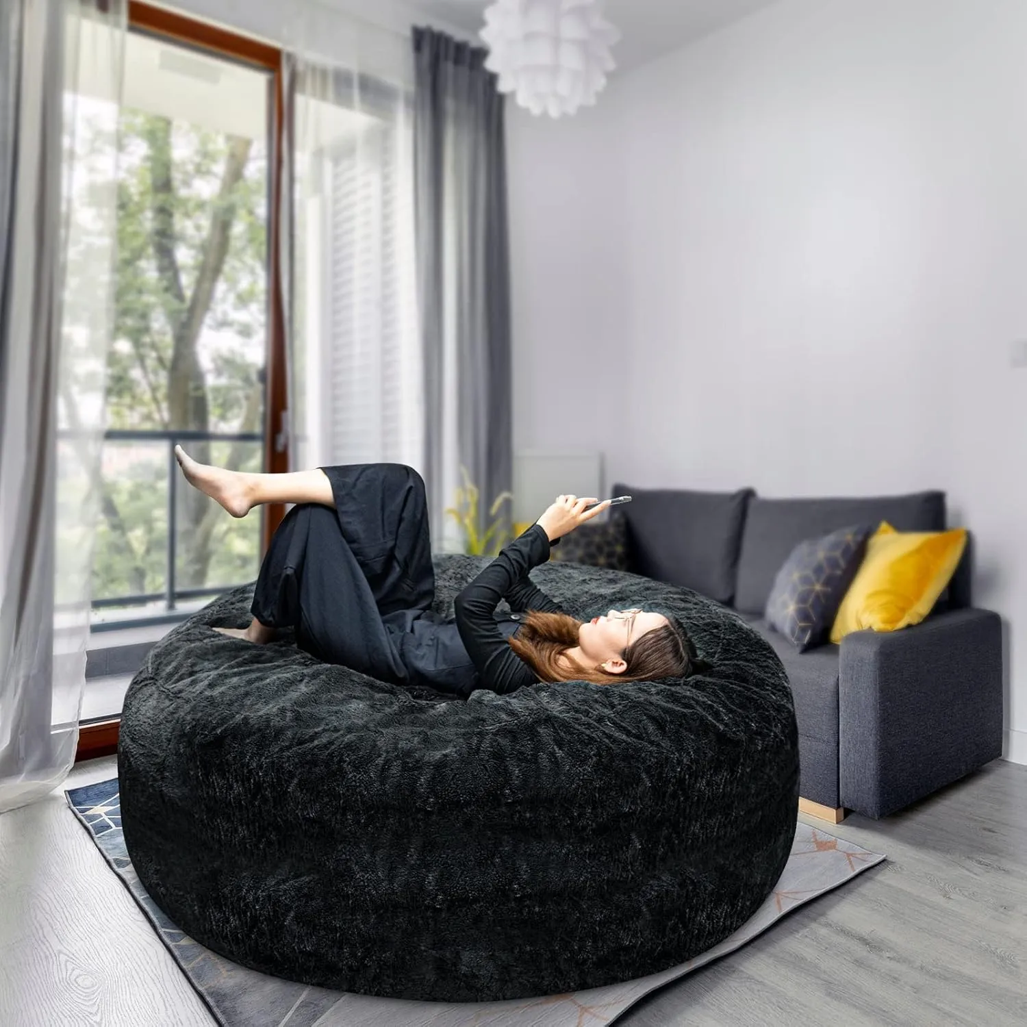 LapEasy Giant Bean Bag Chair Cover(Cover Only,No Filler),Oversized Round Soft Fluffy PV Velvet Washable Lazy Sofa bean bag Bed Cover for Adults, Living Room Bedroom Furniture Outside Cover(Light Grey)