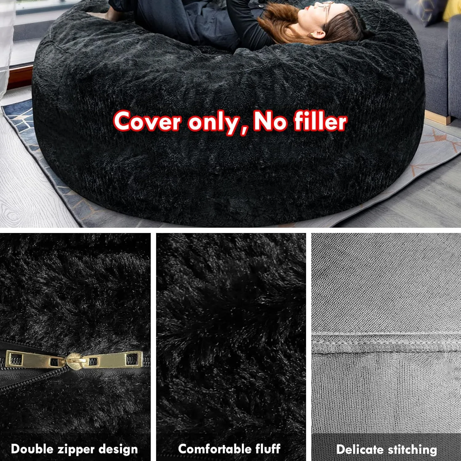 LapEasy Giant Bean Bag Chair Cover(Cover Only,No Filler),Oversized Round Soft Fluffy PV Velvet Washable Lazy Sofa bean bag Bed Cover for Adults, Living Room Bedroom Furniture Outside Cover(Light Grey)