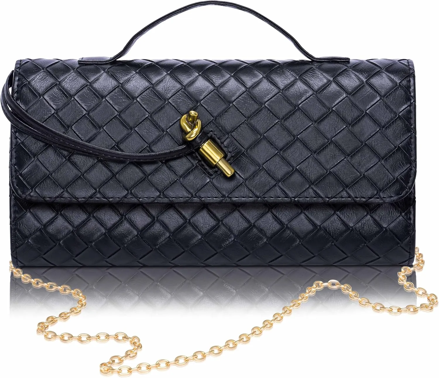 Larcenciel Clutch Purse For Women, Trendy Black Woven Leather Evening Bag w/Chain Strap, Elegant Ladies Handbag Y2K Crossbody Purse Formal Party Bag for Wedding Cocktail Prom Travel Vacation Daily Use