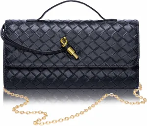 Larcenciel Clutch Purse For Women, Trendy Black Woven Leather Evening Bag w/Chain Strap, Elegant Ladies Handbag Y2K Crossbody Purse Formal Party Bag for Wedding Cocktail Prom Travel Vacation Daily Use