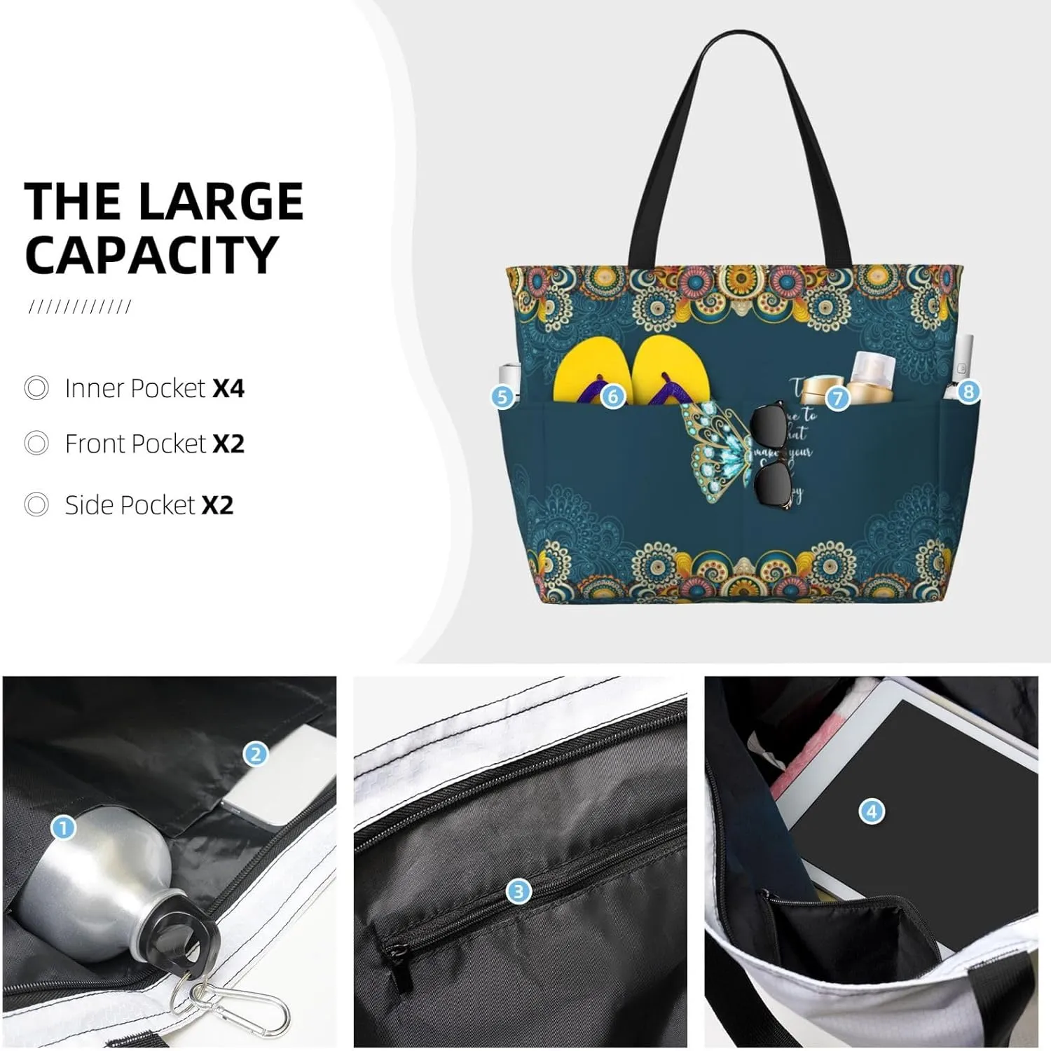 Large Beach Bag for Women Waterproof Foldable Travel Shoulder Tote Bag with Pocket for Weekender Pool Vacation