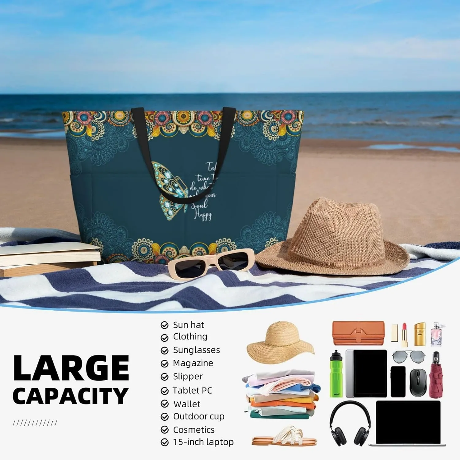 Large Beach Bag for Women Waterproof Foldable Travel Shoulder Tote Bag with Pocket for Weekender Pool Vacation