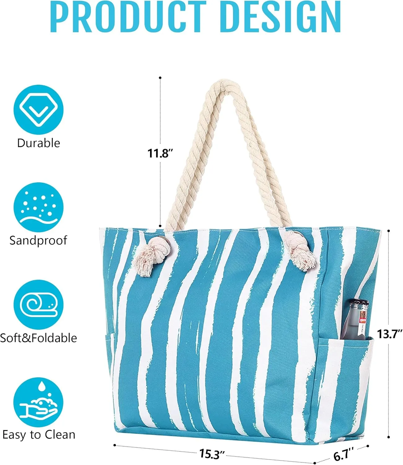 Large Canvas Beach Tote Bag with Zipper Women Swim, Travel, Shopping, Gym and Beach Holiday Cruise Essentials