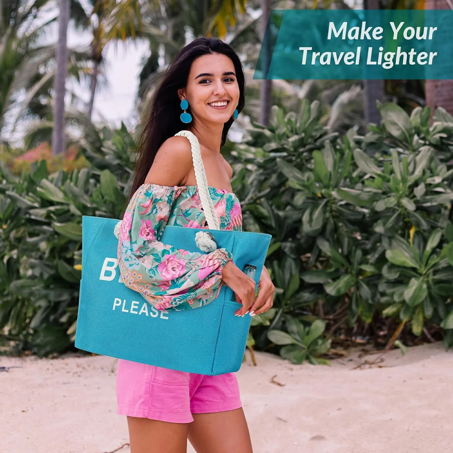 Large Canvas Beach Tote Bag with Zipper Women Swim, Travel, Shopping, Gym and Beach Holiday Cruise Essentials