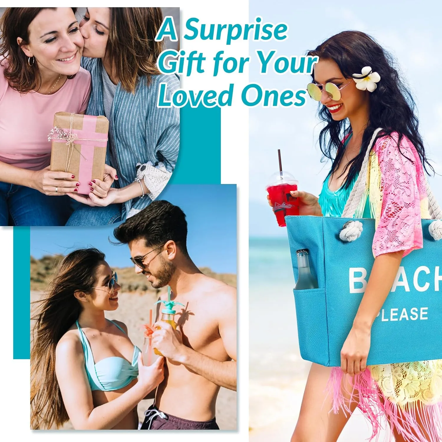 Large Canvas Beach Tote Bag with Zipper Women Swim, Travel, Shopping, Gym and Beach Holiday Cruise Essentials
