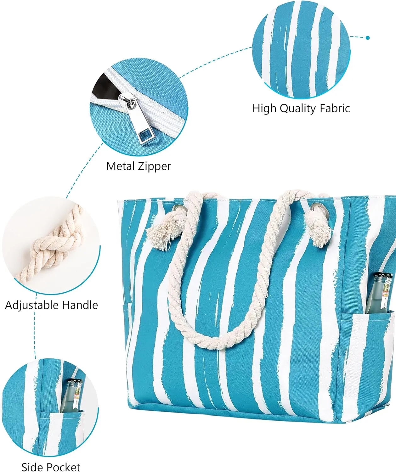 Large Canvas Beach Tote Bag with Zipper Women Swim, Travel, Shopping, Gym and Beach Holiday Cruise Essentials