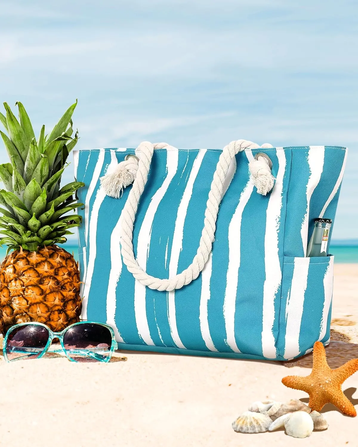 Large Canvas Beach Tote Bag with Zipper Women Swim, Travel, Shopping, Gym and Beach Holiday Cruise Essentials