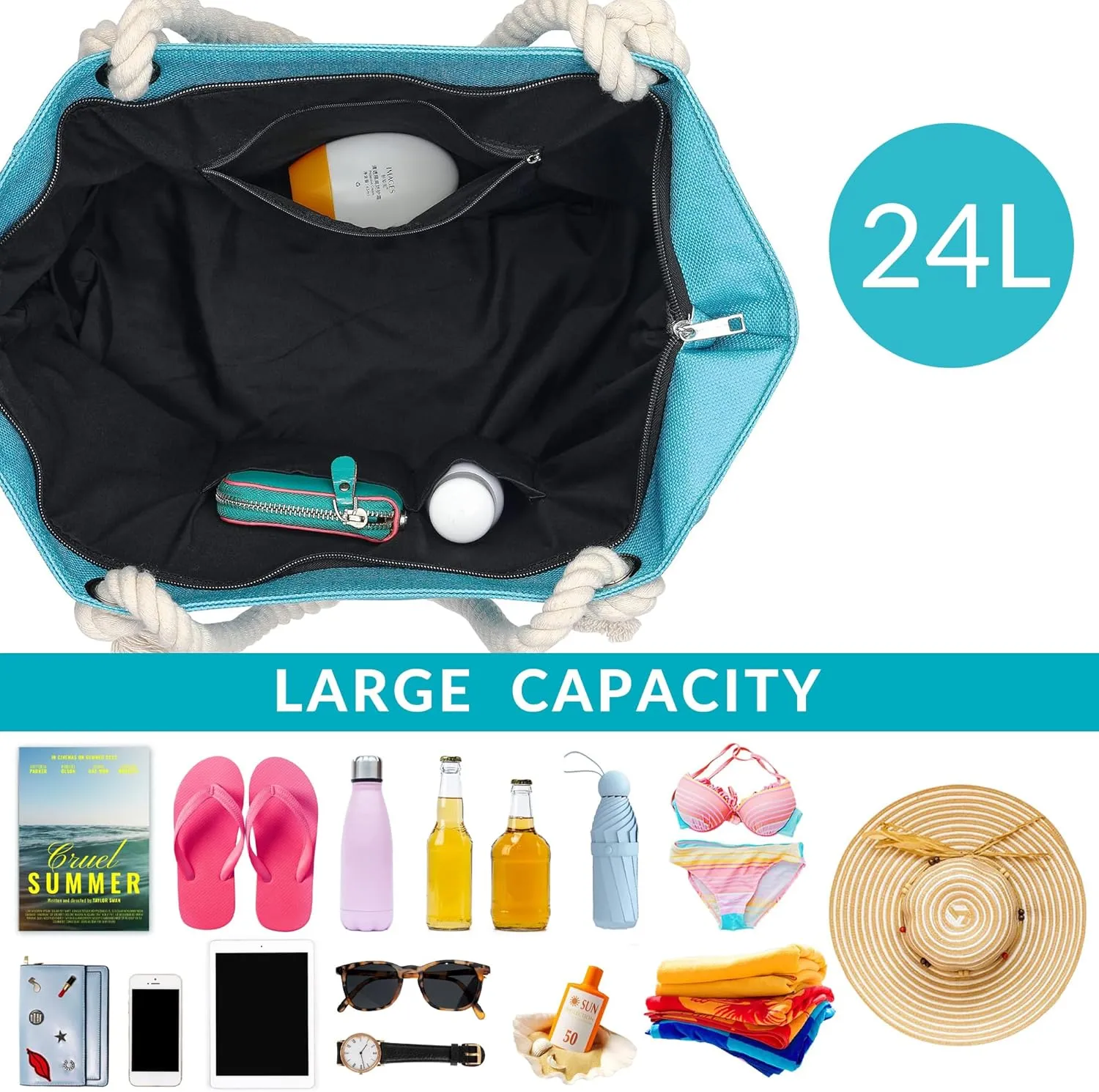 Large Canvas Beach Tote Bag with Zipper Women Swim, Travel, Shopping, Gym and Beach Holiday Cruise Essentials