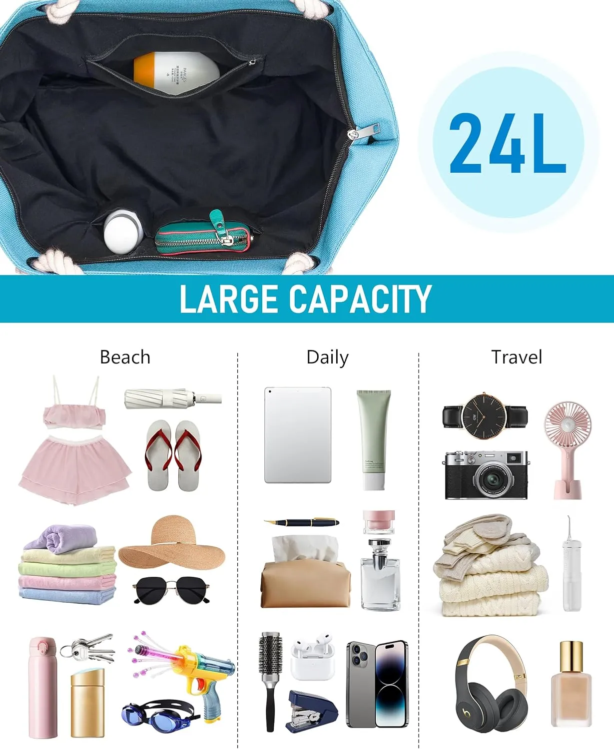 Large Canvas Beach Tote Bag with Zipper Women Swim, Travel, Shopping, Gym and Beach Holiday Cruise Essentials