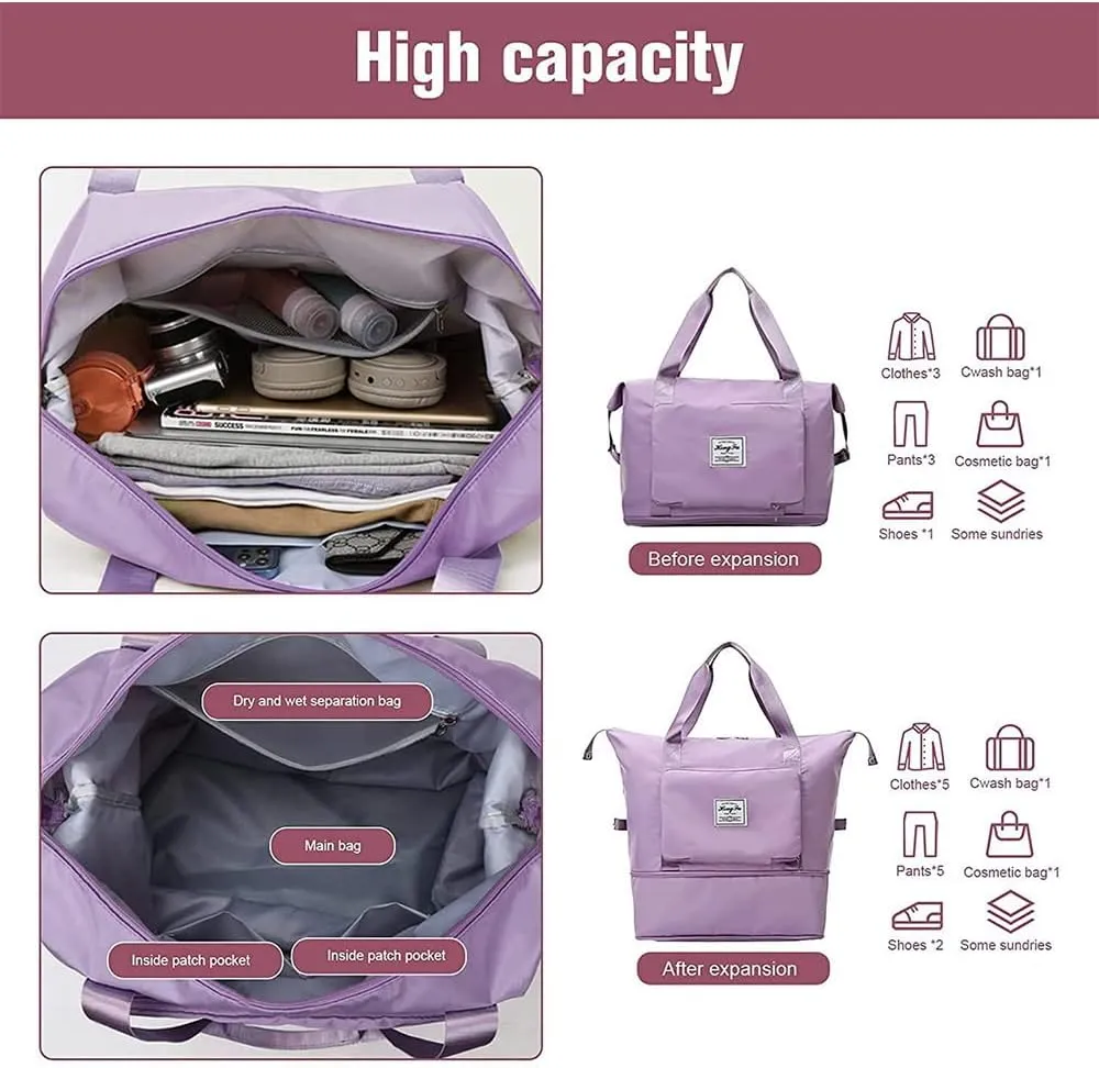 Large Capacity Folding Travel Bag, Foldable Travel Duffel Bag, Dry and Wet Separation Sports Portable Shoulder Bag, Lightweight Waterproof Carry Luggage Bag for Travel, Sports and Gym (Grey)