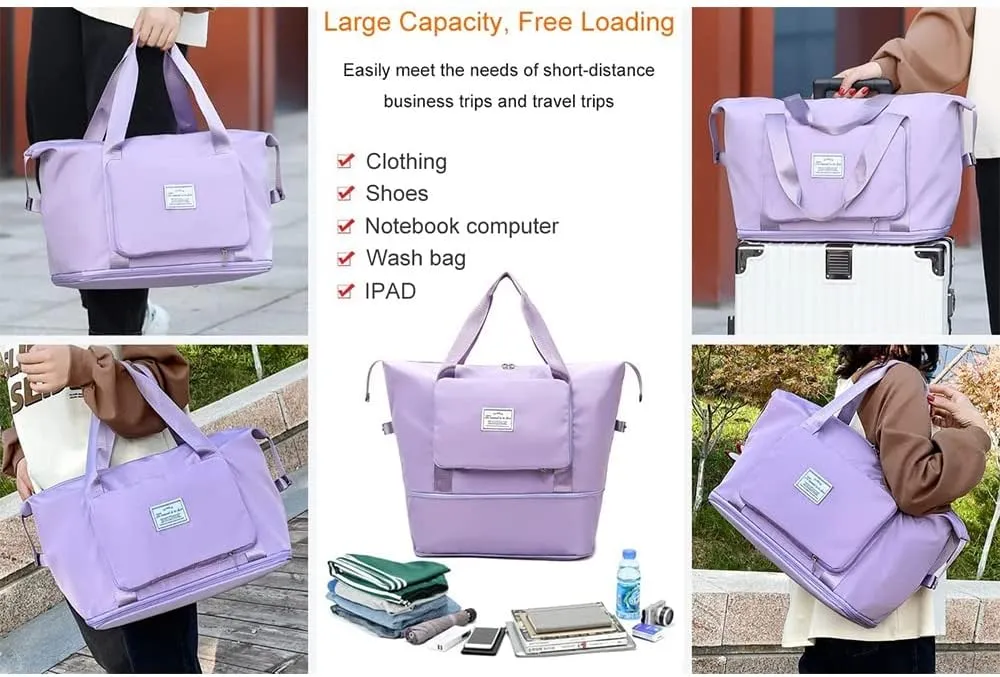 Large Capacity Folding Travel Bag, Foldable Travel Duffel Bag, Dry and Wet Separation Sports Portable Shoulder Bag, Lightweight Waterproof Carry Luggage Bag for Travel, Sports and Gym (Grey)