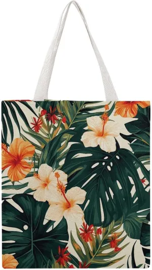 Large Grocery Bags Beach Tote Hawaiian Flower Palm Leaves Shopping Bag for Women Shoulder Bag for Travel Work Handbag