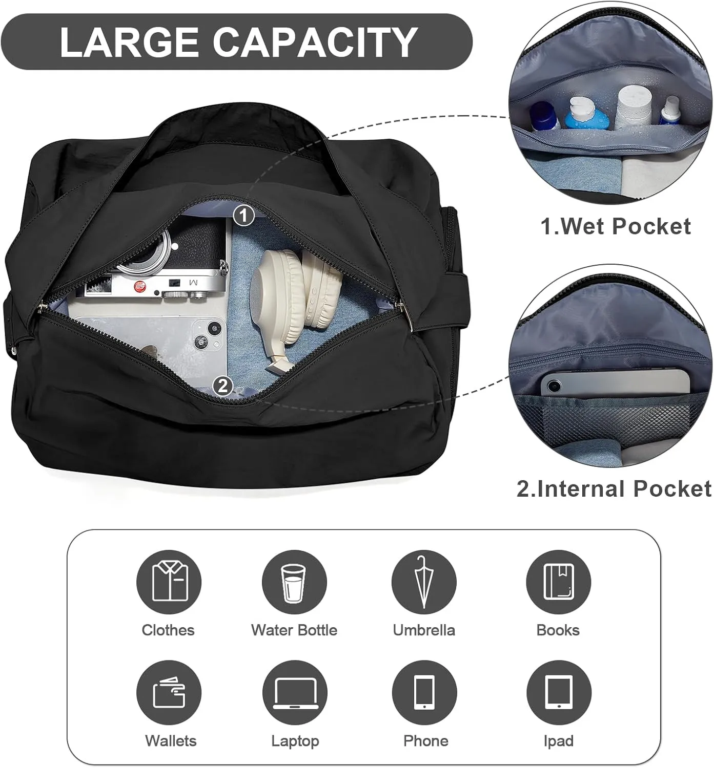 Large Gym Bag with Shoe Compartment, Workout Sport Duffle Bag for Women Travel, Waterproof Shoulder Overnight Bags Lightweight Carry on Tote Bags for Swim, Yoga, Dance