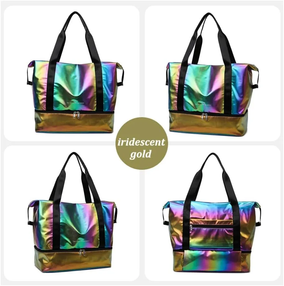 Large Travel Duffle - Dry/Wet Separation Tote, Lightweight Waterproof Gym Yoga Bag - Weekend Overnight Bag (Iridescent Gold)