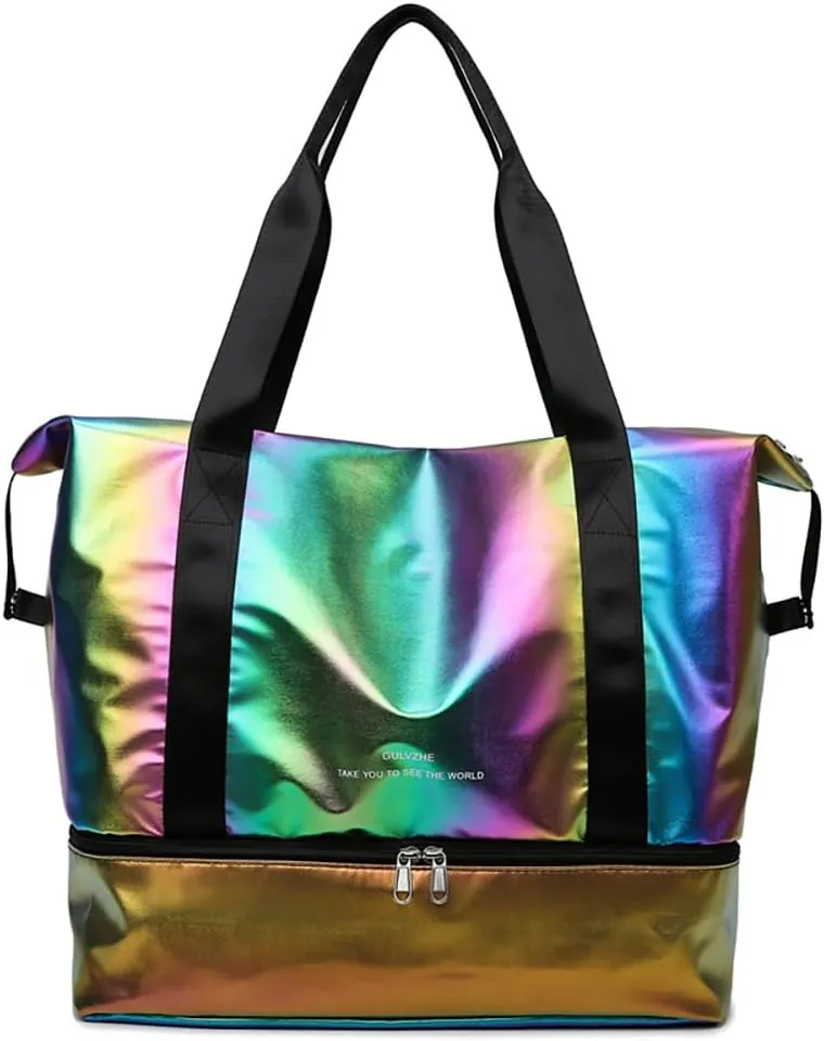 Large Travel Duffle - Dry/Wet Separation Tote, Lightweight Waterproof Gym Yoga Bag - Weekend Overnight Bag (Iridescent Gold)