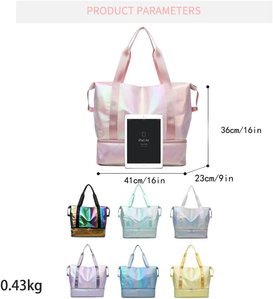 Large Travel Duffle - Dry/Wet Separation Tote, Lightweight Waterproof Gym Yoga Bag - Weekend Overnight Bag (Iridescent Gold)