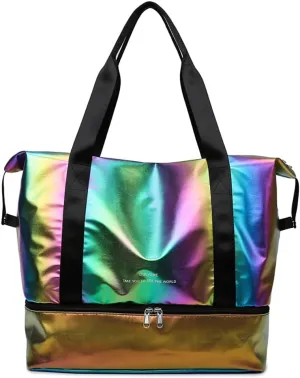 Large Travel Duffle - Dry/Wet Separation Tote, Lightweight Waterproof Gym Yoga Bag - Weekend Overnight Bag (Iridescent Gold)
