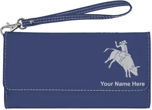LaserGram Faux Leather Womens Wallet with Strap, Bull Rider Cowgirl, Personalized Engraving Included (Dark Blue)