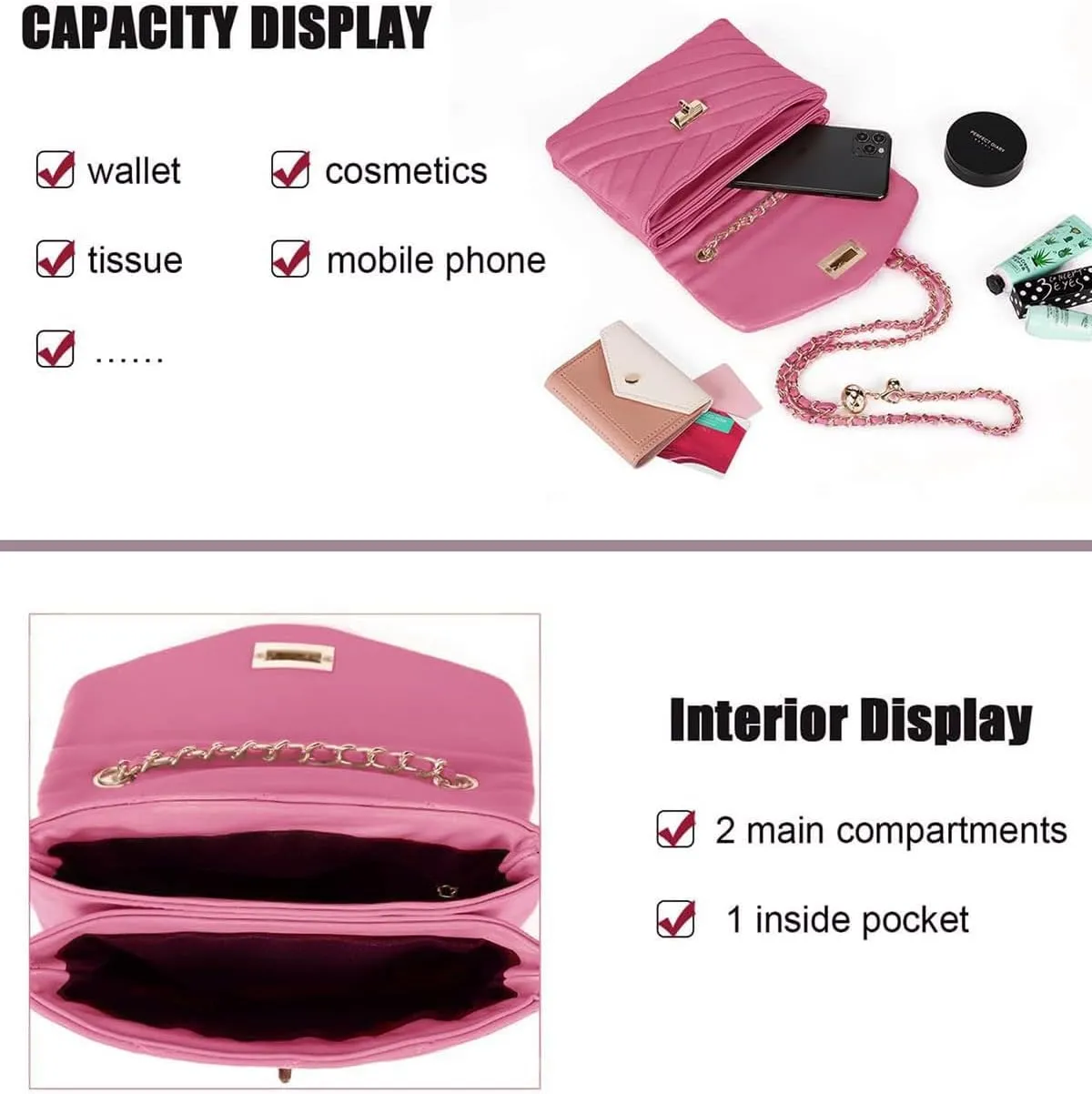 LAVTUG Quilted Crossbody Bags for Women - Vegan Leather Cute Small Purse with Gold Chain Strap, Trendy Designer Bag for Teens