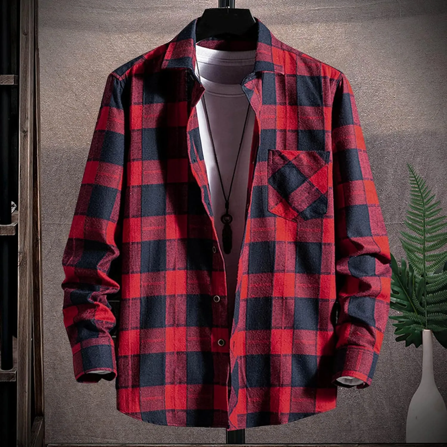 LCMTWX Men's Cotton Plaid Shirts Jacket Printing Lightweight Breathable Long Sleeve Lapel Formal Fleece Lined Flannel